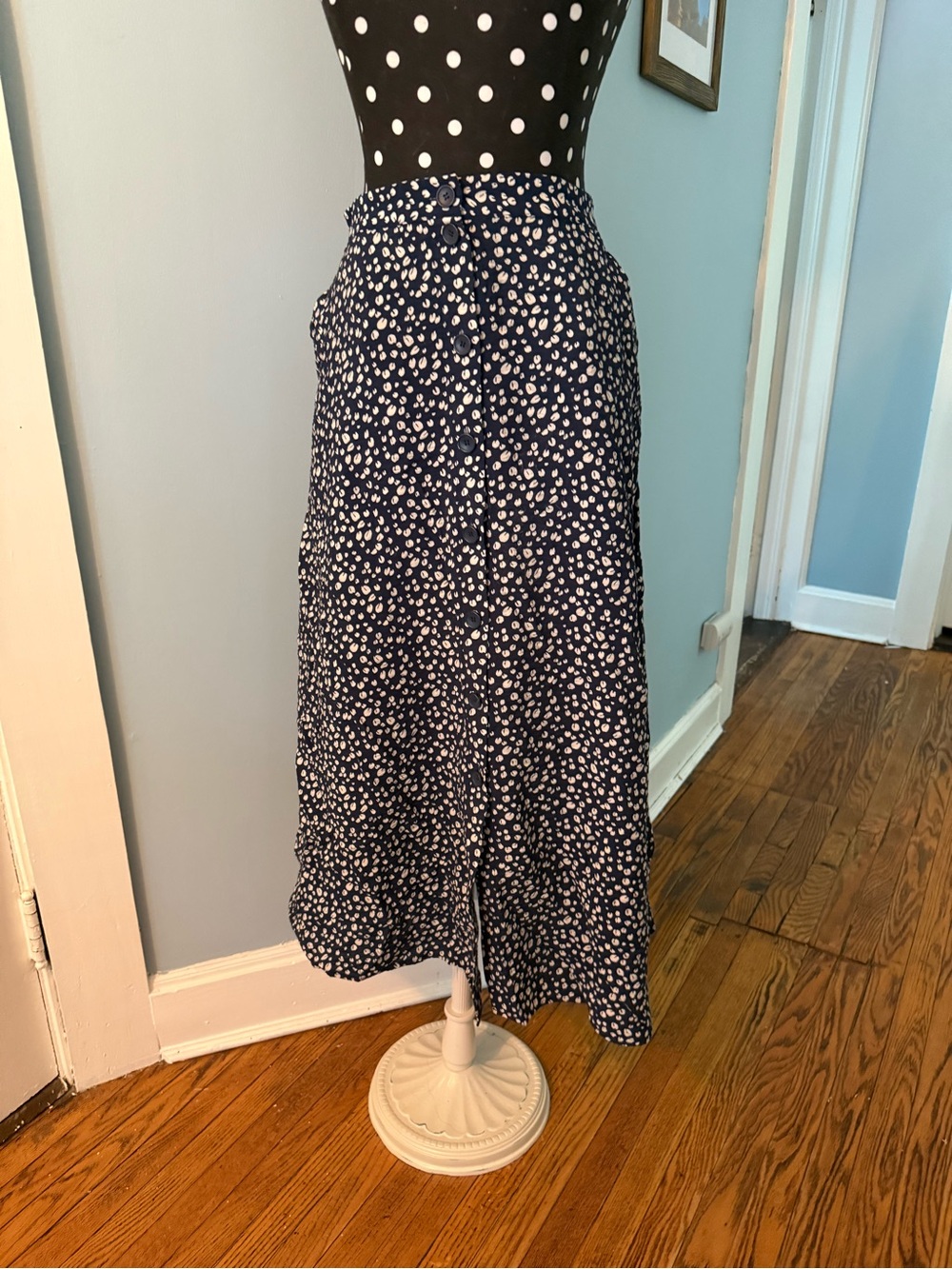 Navy and White Button-Front Maxi Skirt